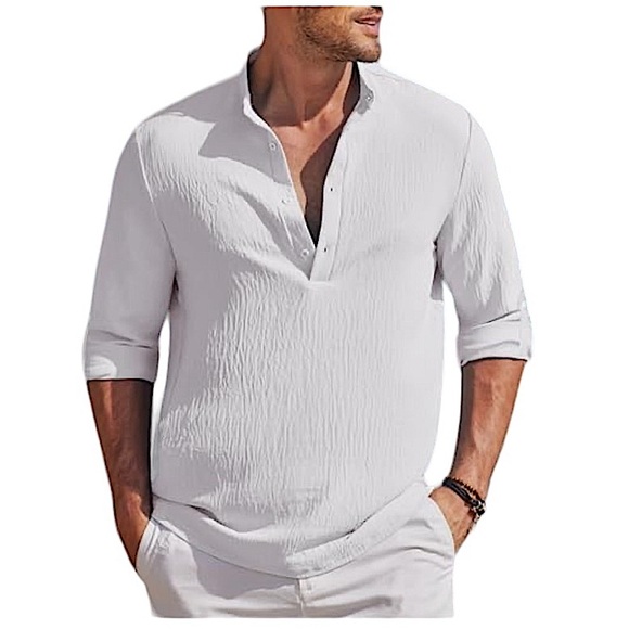 NWOT Karlywindow Men’s White Casual Henley Shirt Lightweight Gauze Top - Picture 2 of 9